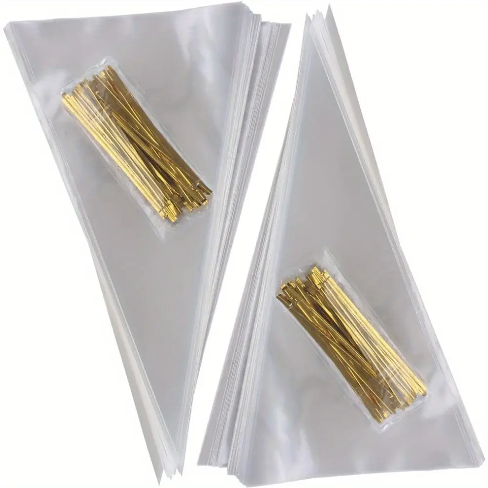 200-Piece Clear Cellophane Bags Christmas Party Favor, Cone Shaped, Cotton Candy Bags, With Ties, For Popcorn, Ice Cream Cone, Chocolates, Twist Tie, Triangle, Treat, Gift Wrapping Supplies