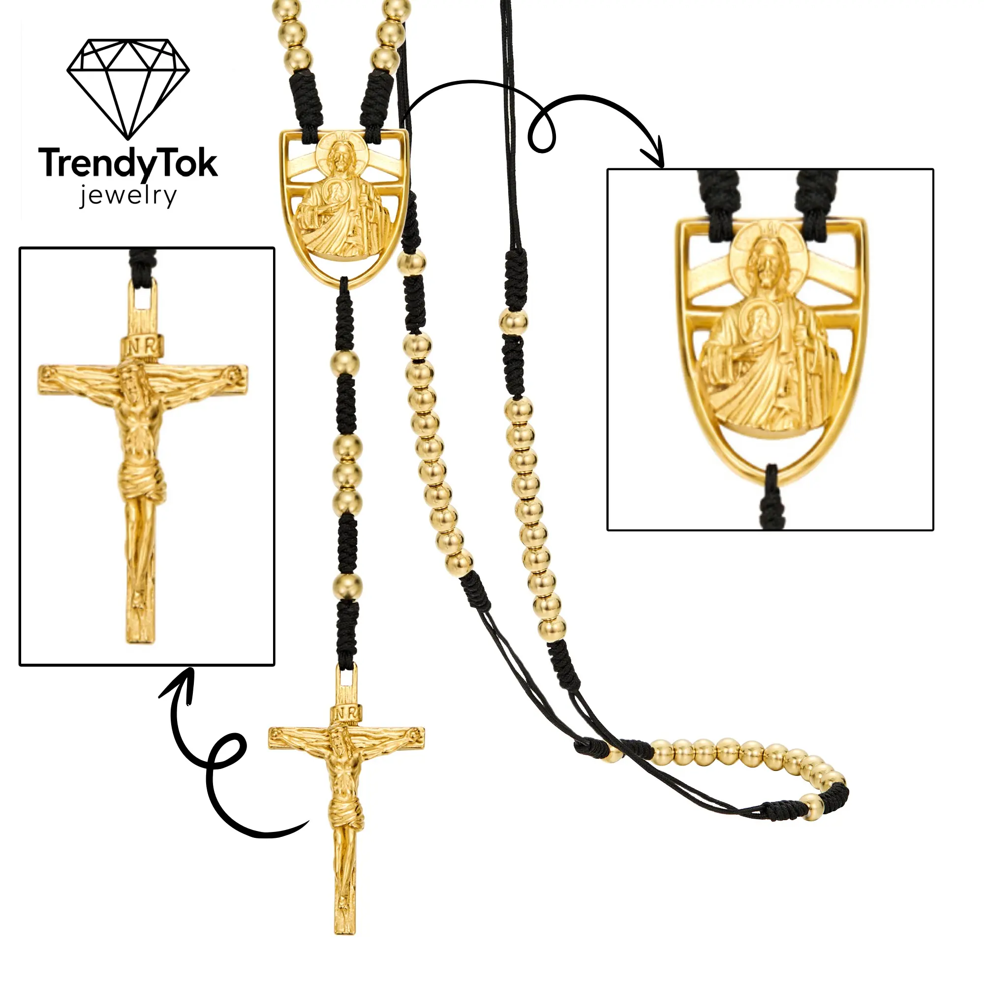 14 Karat Gold Plated Jesus Christ Crucifix Cross Rosary Necklace, Lord's Prayer Shield Pendant, Adjustable Durable & Comfortable Black Cord, Catholic Faith Jewelry, Birthday Casual Daily Gift by TrendyTok Jewelry