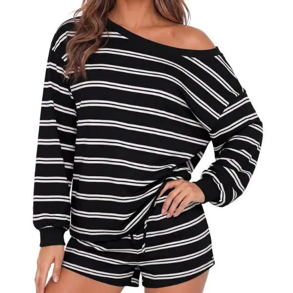 Fisoew Women's Horizontal Stripe 2 Piece Loungewear Matching Set, One Shoulder Off Shoulder Oversized Long Sleeve Top & Drawstring Elastic Waist Shorts Casual Co Ord Outfit