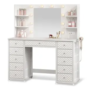 Sikaic Makeup Vanity with 11 Drawers and 6 Open Shelves Modern Dressing Table with 3 Color Modes Lights, Power Strip and Storage