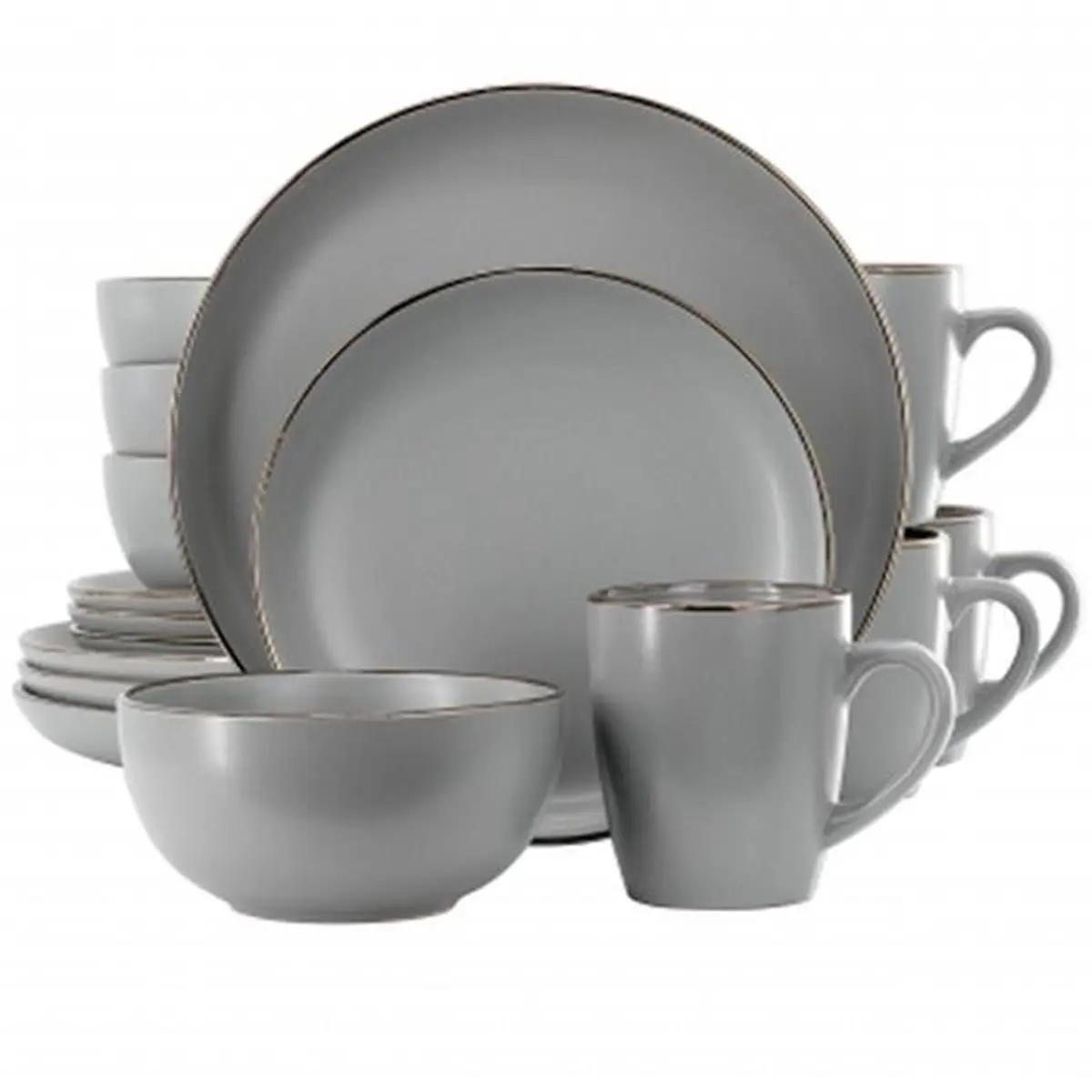 Gibson Home Rockaway 127317.16R 16-Piece Everyday Stoneware Tableware Set, Grey with Painted Gold Rim, Round Plates, Dishwasher Safe, Microwave Safe, Party-Ready
