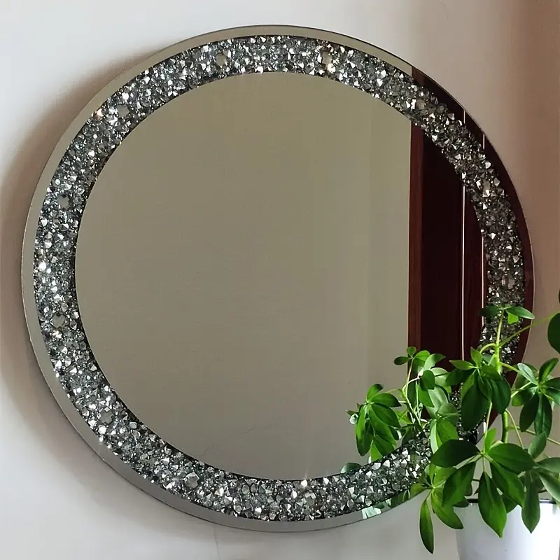 New 1pc Sparkling Glittering Round Wall Mirror - Hassle-Free No-Drill Installation for Dormitory & Vanity - Stylish Bathroom Wash Basin Makeup Mirror - Perfect Student-Friendly Decor for Restroom and Washroom Glass