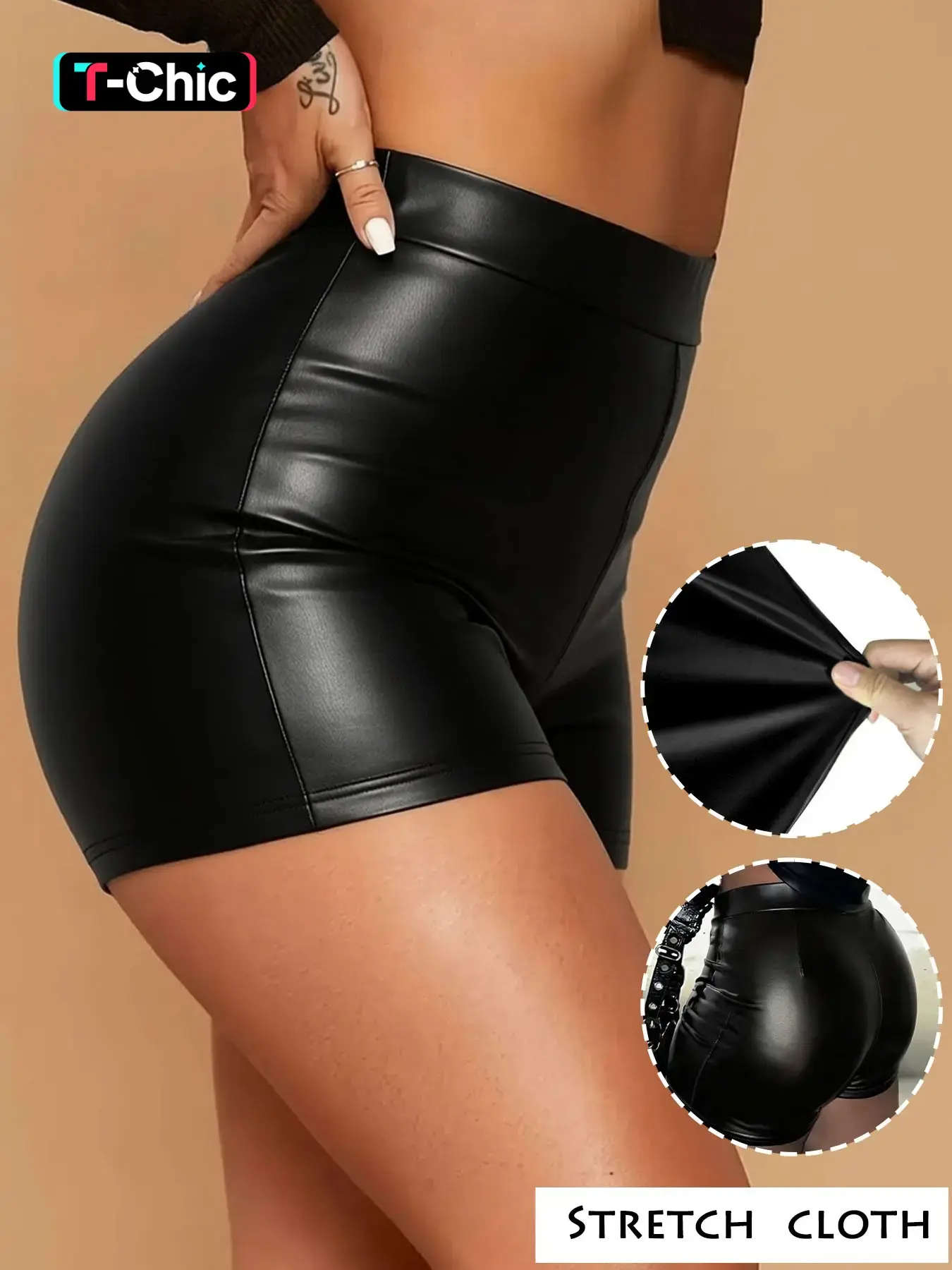 GILIPUR Y2K Women's Basic Solid Color Stretch Elastic Coated Denim Shorts, Casual Jorts, Stylish Casual Lady PU Leather Shorts, Summer Fashion Item, TChic, Fit, Womenswear, Bottoms, Casual Slim Shorts, Elastic Waist Shorts