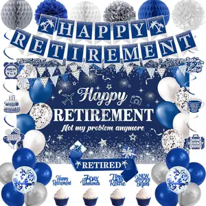 Retirement Party Decorations for Men Women 22pcs Blue Silver Happy Retirement Party Supplies Banner Hanging Swirl Pompoms Cake Topper Sash Unisex Set Ideal for Celebrations - Gifts
