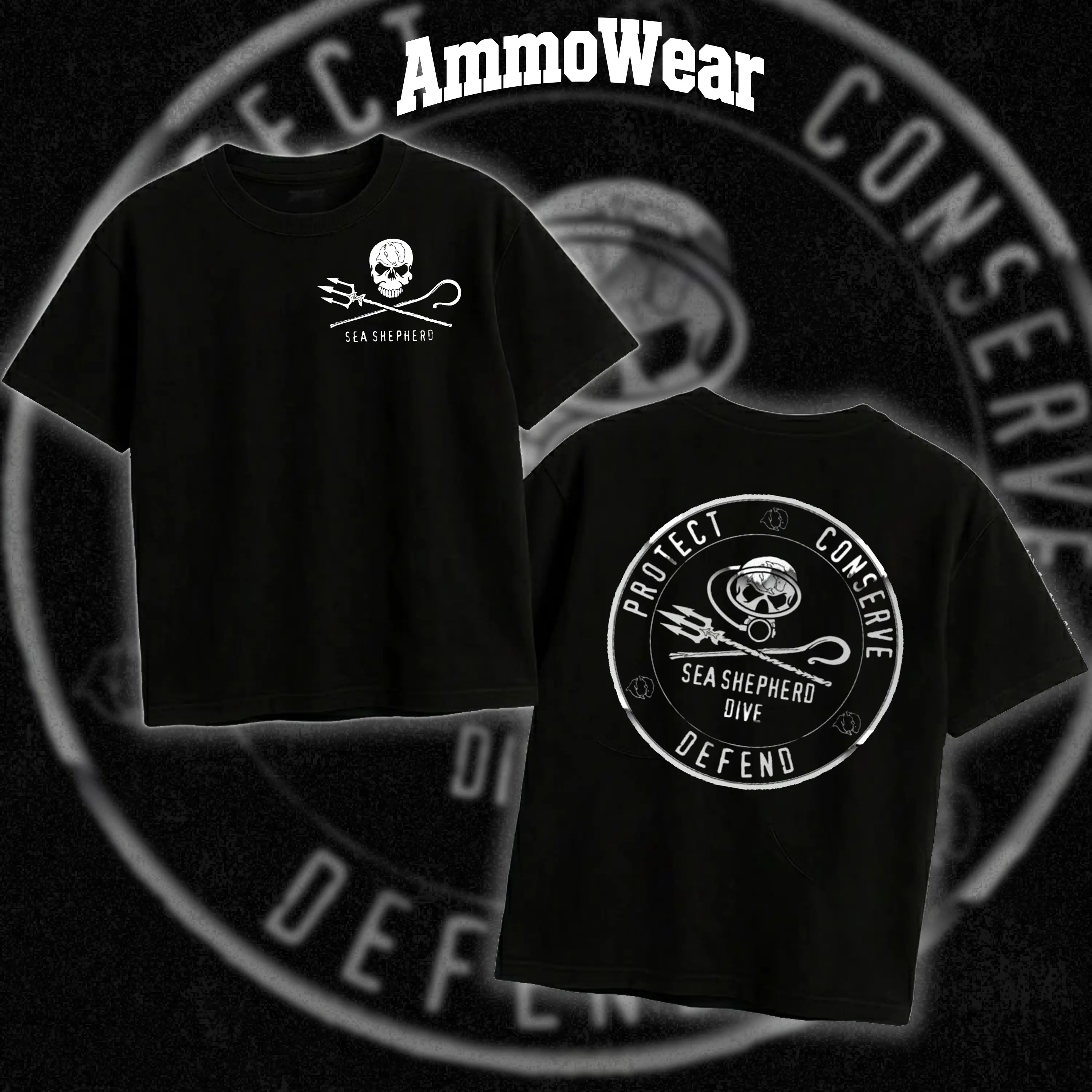 Sea Shepherd Graphic Tee for Men, Sea Shepherd Jolly Roger Trident T-Shirt, Protect Conserve Defend Ocean Apparel, Bold Back Print Tactical Streetwear Top, Edgy Casual Black Short Sleeve Shirt, Trendy Mens Fashion Top