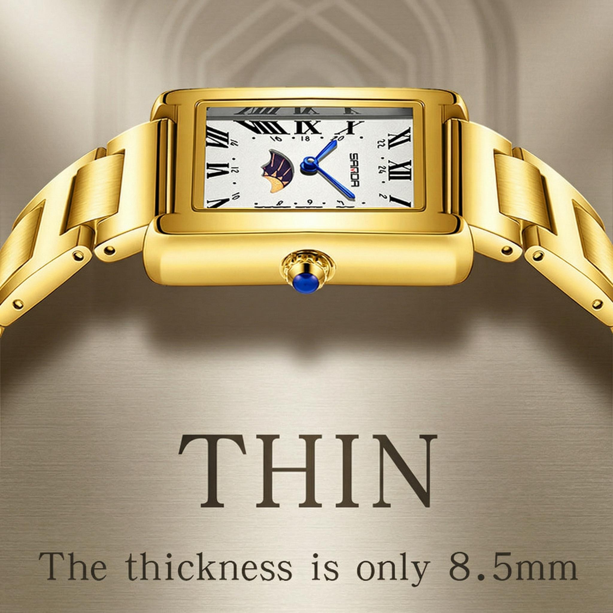 Old Money Aesthetic Square Watch for Women Elegant Vintage Moon Phase Wristwatch Stainless Steel Band