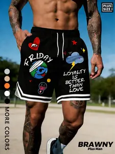 Men's Plus Size "Loyalty Is Better Than Love" Cartoon Graphic Basketball Shorts, Y2K Streetwear, Summer Casual Athletic Shorts for Gym, Skateboarding & Daily Wear, Gift for Street Style Lovers