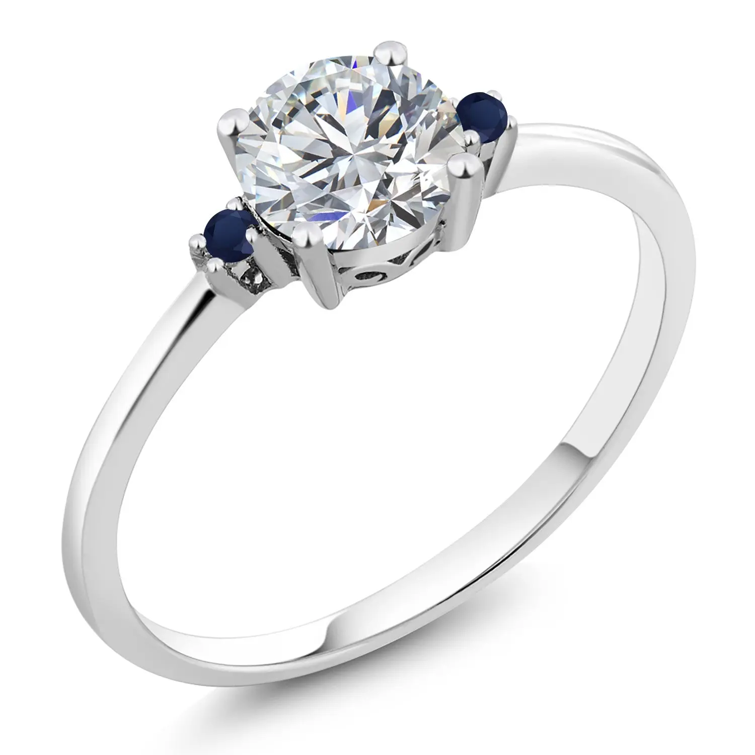Gem Stone King Women's 10-Karat White Gold Lab-Grown Diamond & Blue Sapphire Engagement Wedding Ring, 0.77 Cttw, 6MM Round, April Birthstone Semiprecious Stone Ring, Engagement Wedding Rings
