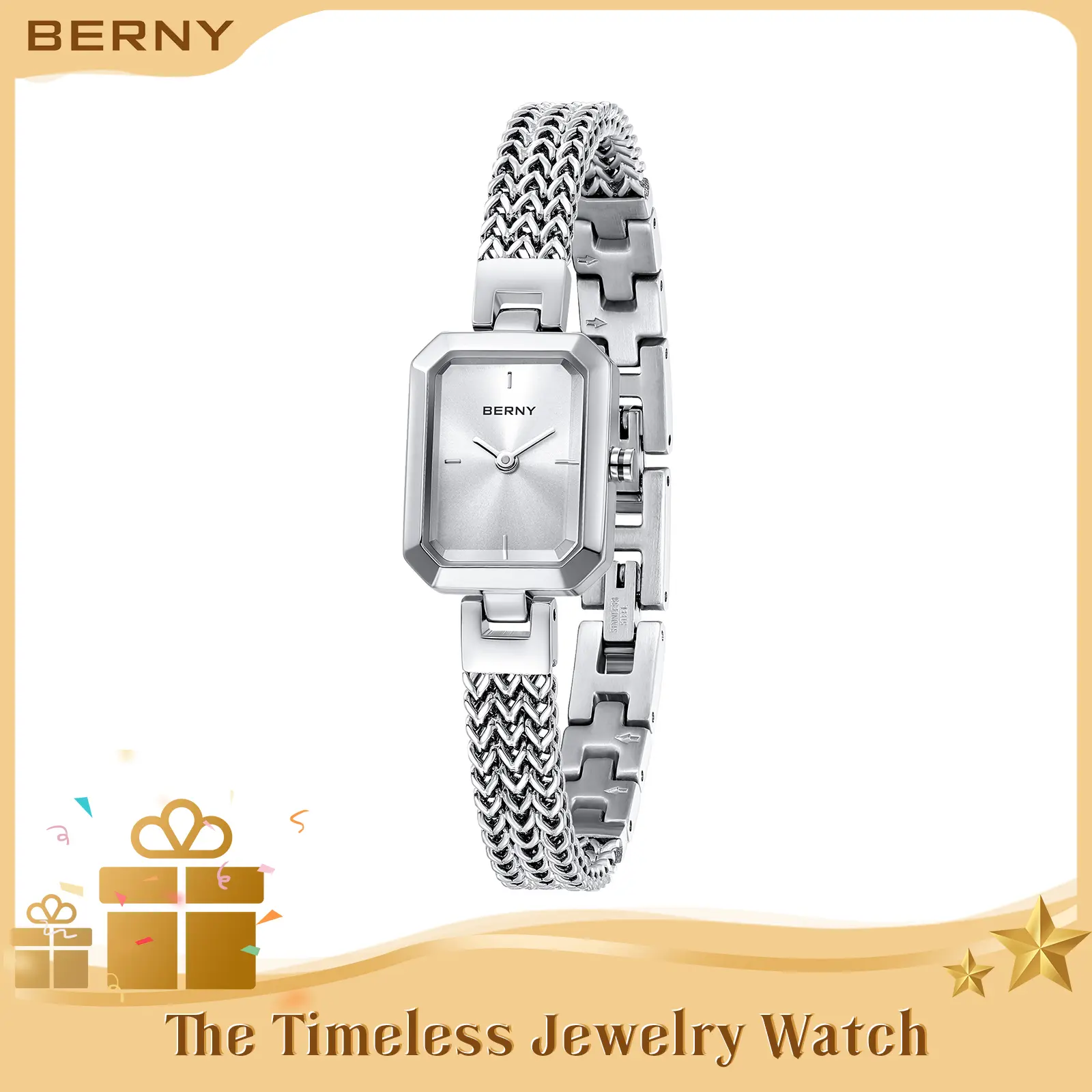 BERNY Silver Watches for Women Dainty Quartz Bracelet Watch All Stainless Steel Ladies Rectangle Mini Wristwatch Small Fashion Waterproof Easy Resize Detachable Bracelet Watch for Women and Love Ones, Jewelry Gift, Fashion Summer Accessories