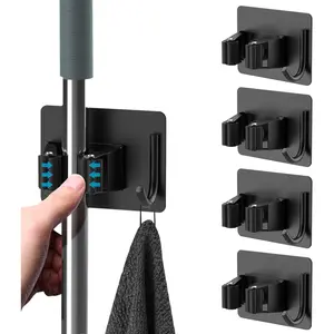 Mop Broom Holder No Drill, Mop Broom Organizer Wall Mounted Heavy Duty with Hooks Hanger, Self Adhesive Stainless Steel 4Pcs for Bathroom, Kitchen, Office (Black)