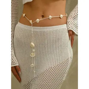 1pc Bohemian Style Natural Seashell Handmade Woven Adjustable Waist Chain, Versatile Faux Pearl Waist Accessories For Women