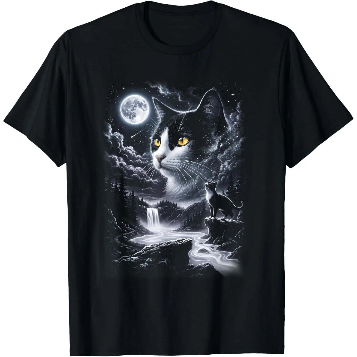 Men's 100% Cotton Short-Sleeve T-Shirt, Menswear Tops with Breathable Fabric, 90s Retro Howling Tuxedo Cat to The Moon Animal Graphic, Shortsleeve