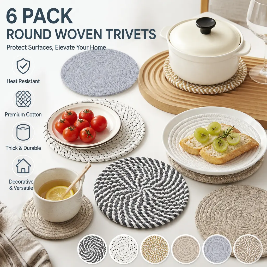 6-Piece Heat Resistant Silicone Trivets Set - 8-in Thick Reusable Washable Fabric Stitched Edge Round Placemats & Coasters for Hot Pots, Pans, Dishes - Kitchen Countertop Protection Essentials, Reusable Washable Placemats & Coasters, Round Pieces Placemat