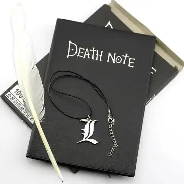 Death Note Notebook + Feather Pen + Necklace – Unleash Your Stories with a Feather Pen & Notebook & L Necklace Vintage PLeather Journal Stationery Supplies