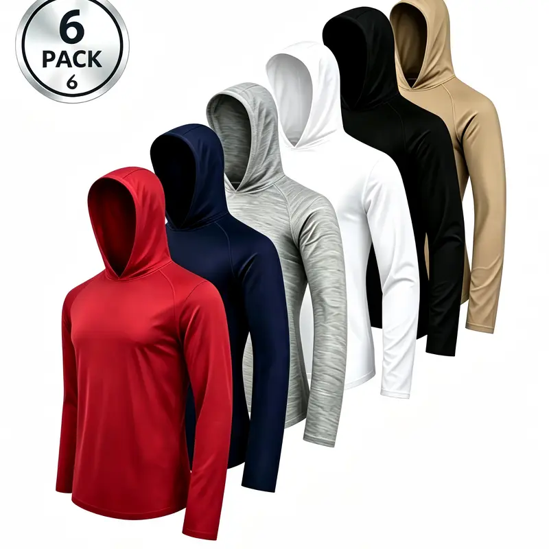 Men's 6-Pack Dry-Fit Knit Fabric Long-Sleeve Athletic Hoodies - Running Shirts with Thumb Holes, Lightweight Rash Guards for Fishing, Solid Color Performance Tops for Sports, Going Out