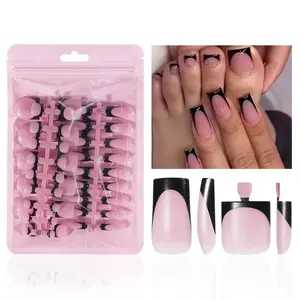 Full Cover Black French Tip Press On Nails Toenails Set Square Medium Stick On Nails For Women Girls Ideal Night Gift