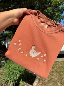Chicken and Flowers  Dainty Embroidered  Short Sleeve Tee