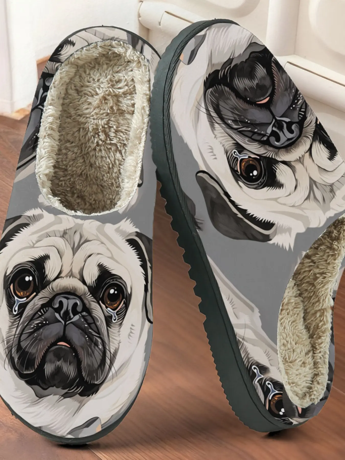 Realistic Pug Dog Print Cotton Slippers, Soft Cute Healing Style, Fuzzy Lined Anti-Slip Thick Sole, Home Warm Shoes for Men Women Fall Winter