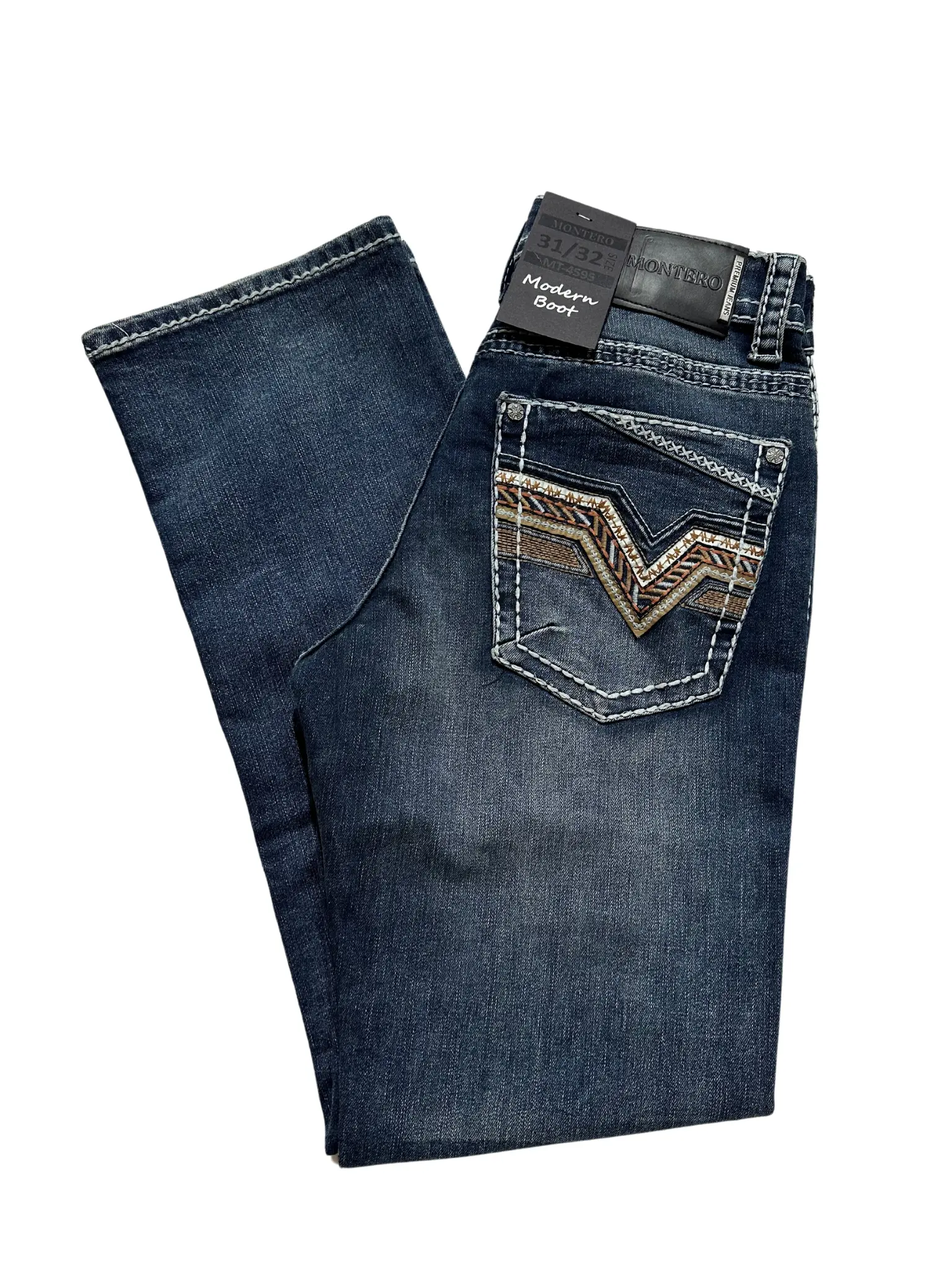 Montero Men's Denim V Stitched Pocket Modern Boot Jean - Medium Blue