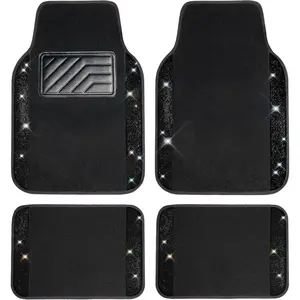 Bling Diamond Car Floor Mats, Sparkling Crystal Shining Glitter Rhinestone Carpet, Anti-Slip PVC Heel Pad Waterproof Universal for Automotive SUV,Sedan,Van,4pcs Girl Women Men Black Diamond