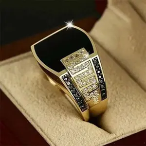 Classic Gold Color Men's Ring with Black Zircon Stone