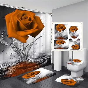 Orange Rose Set with Shower, Non-Slip Rugs, Bath Mat, Lid Cover and 12 - Style