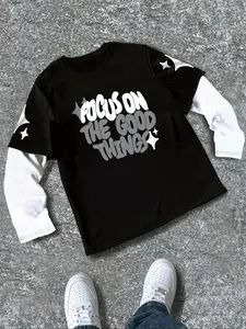 Tiktok Trendy Streetwear Patchwork Sleeve Tee, Base 86 Number Distressed Print, Fierce Savage Graphic, Oversized Unisex Fit
