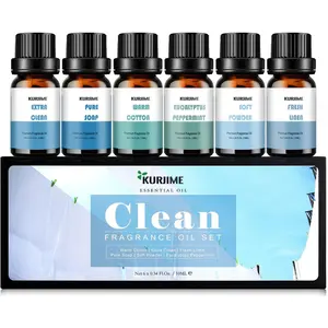 Essential Oils Set, Clean Scents Fragrance Oil Essential Oils for Diffuser Aromatherapy - Fresh Linen, Extra Clean, Warm Cotton, Soft Powder, Pure Soap, Eucalyptus Peppermint, 6x10ml