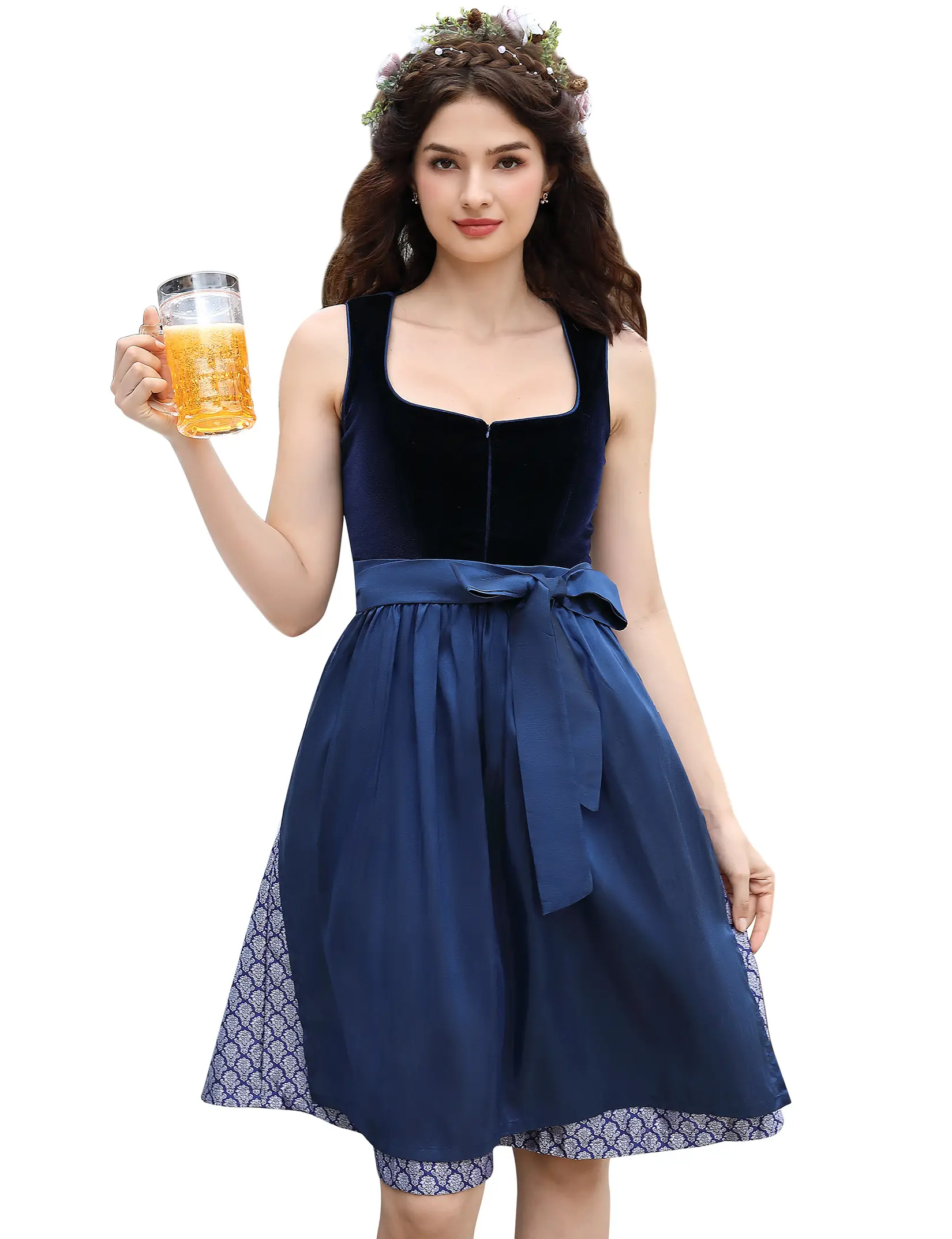 Women's 2 Piece Oktoberfest Dirndl Dress Set Velvet Bodice Satin Jacquard Skirt Bavarian Beer Maid Costume Vintage Midi Dress for Halloween Festival Theme Party Cosplay-DTY