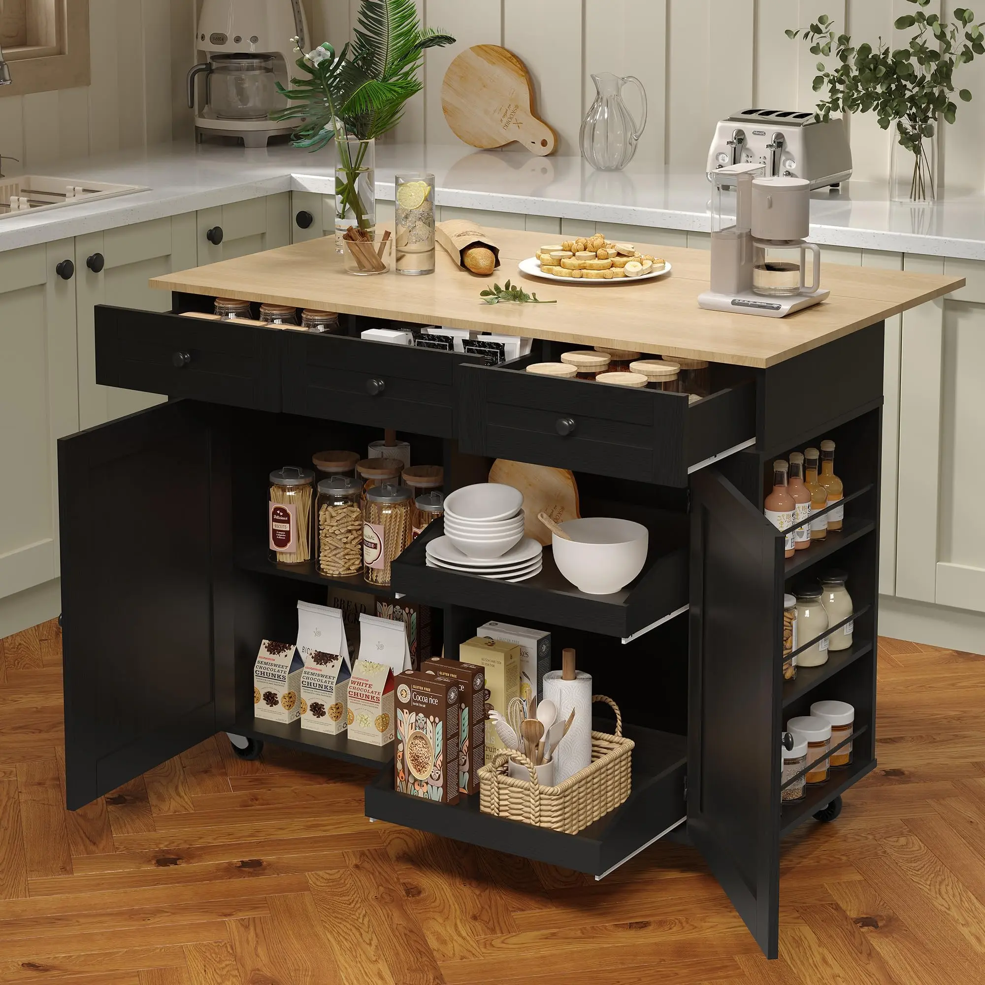 Garvee 47-Inch Mobile Kitchen Island with Drop Leaf Countertop, Charging Station, and Ample Storage, Rolling Kitchen Cart with Removable Shelves, Drawers, Shelf for