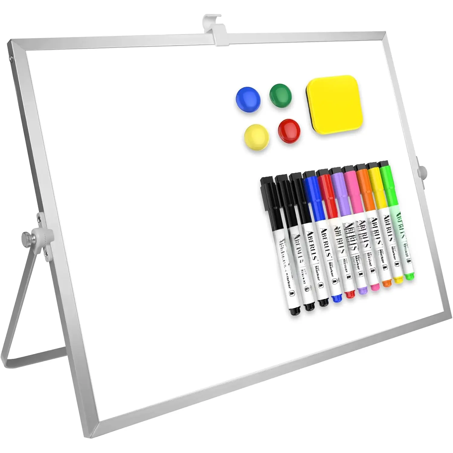 Dry Erase White Board, 16inX12in Large  Desktop Whiteboard with Stand, 10 Markers, 4 , 1 Eraser, Portable Double-Sided White Board Easel for Memo  Desk Office