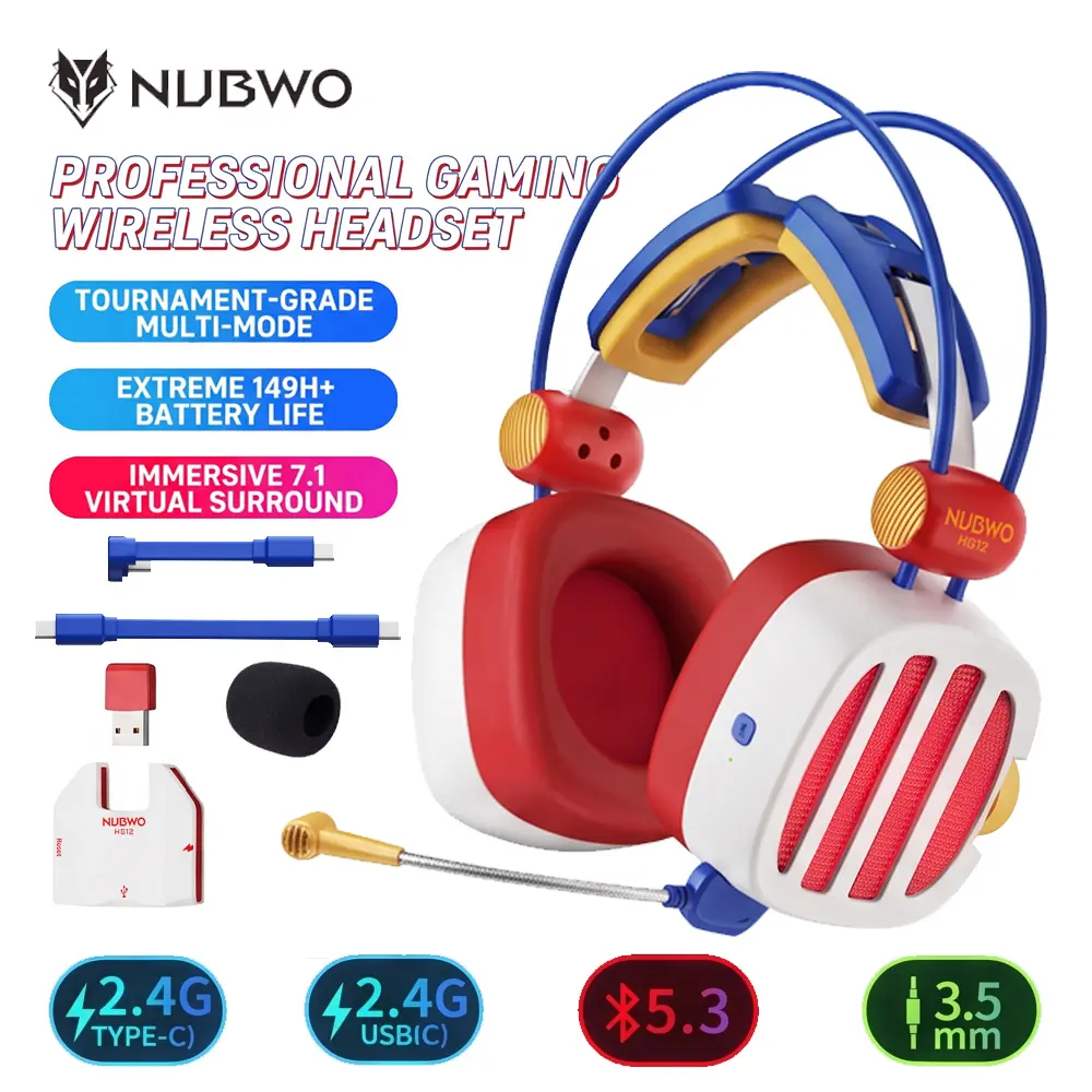 NUBWO HG12  Premium Wireless Gaming Headset, 2.4GHz & Bluetooth 5.3, Virtual 7.1 Surround Sound, 10-Min Fast Charge, 149H Battery, RGB Lights, Detachable Mic, for PC,phone,Tablet, PS5, PS4, Switch, Laptop
