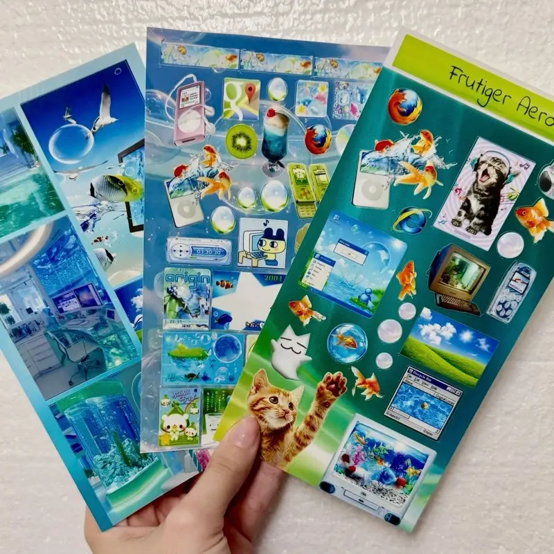 Frutiger Aero 3 Sheet Sticker Pack - Vibrant Underwater & Cat Designs for Creative Projects