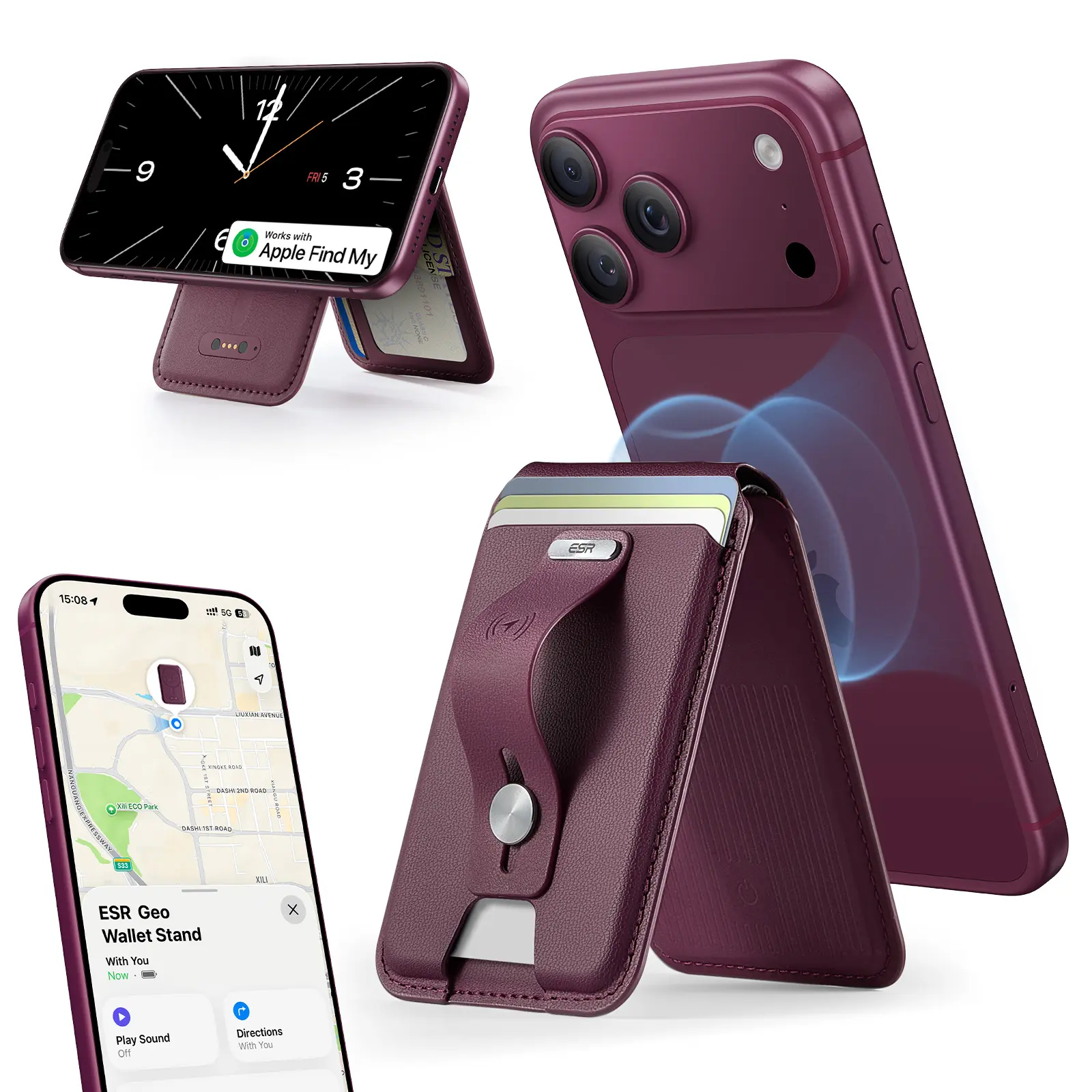 ESR Geo MagSafe Magnetic Wallet Phone Accessories - Portable Durable 5 Card Holder, Full Find My Functionality, RFID Blocking, Adjustable Stand for iPhone 17/16/15/14/13/12 Series, Secure Mobile Smartphone Cellphone Accessory
