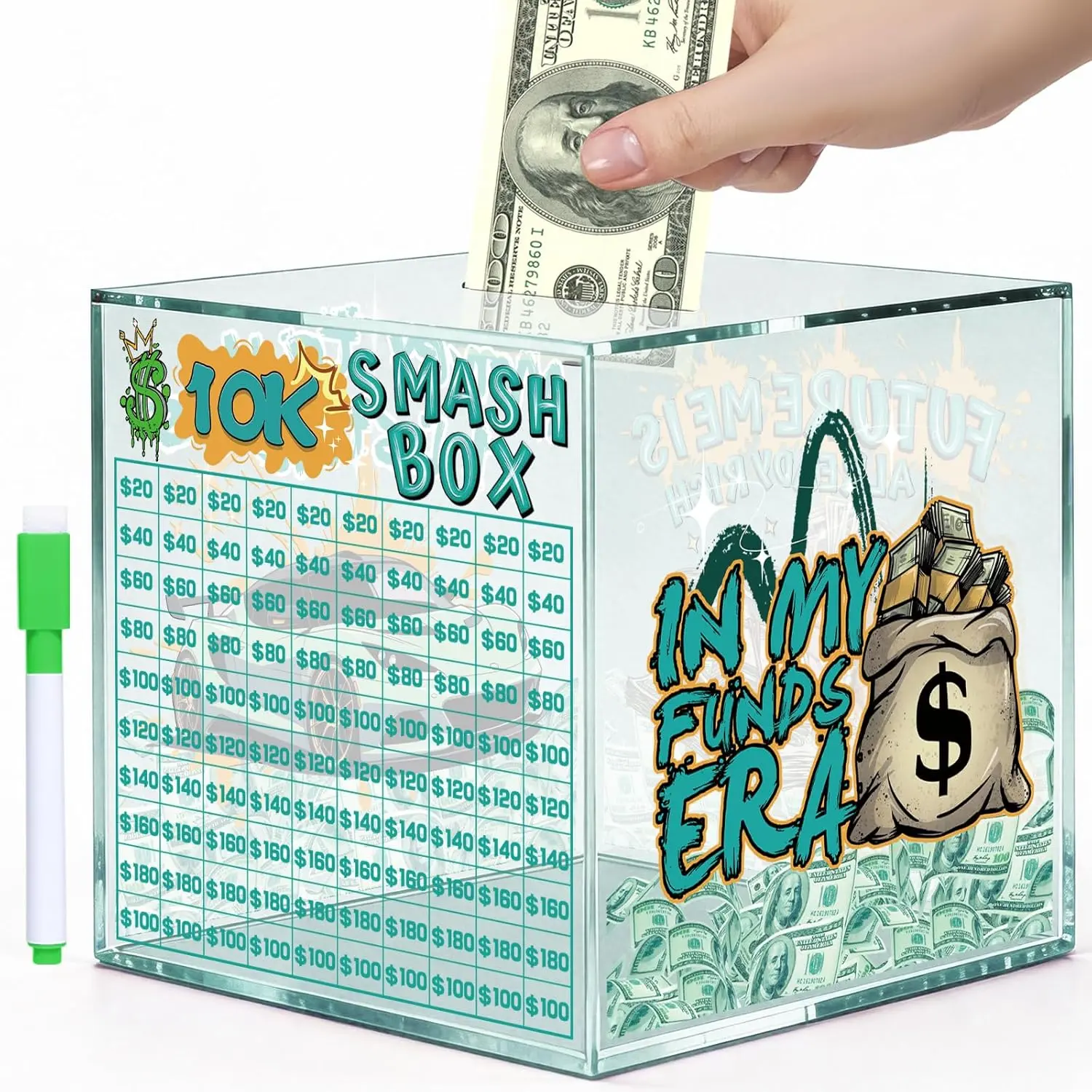 10k Smash Box for  Saving , Unbreakable Piggy  for Adults 10000  Saving Box for , Big Clear   Saver  Break to Open (Green)