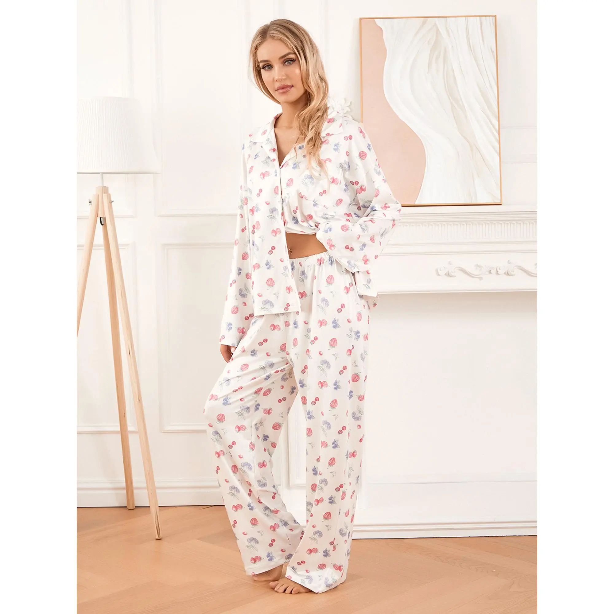 Women's 2-Piece Elastane-Blend Polyester Pajamas & Loungewear Set - Long Sleeve Turn-Down Collar Strawberry Print Top, Matching Pants, Shirts, All Seasons Sleepwear Outfits, Women's Clothes, Pyjama Bottoms