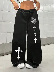 Women's Casual Trendy Versatile Fashion Geometric Print Straight Leg Pants, Drawstring Waist Long Trousers, Fitted All Season Wear