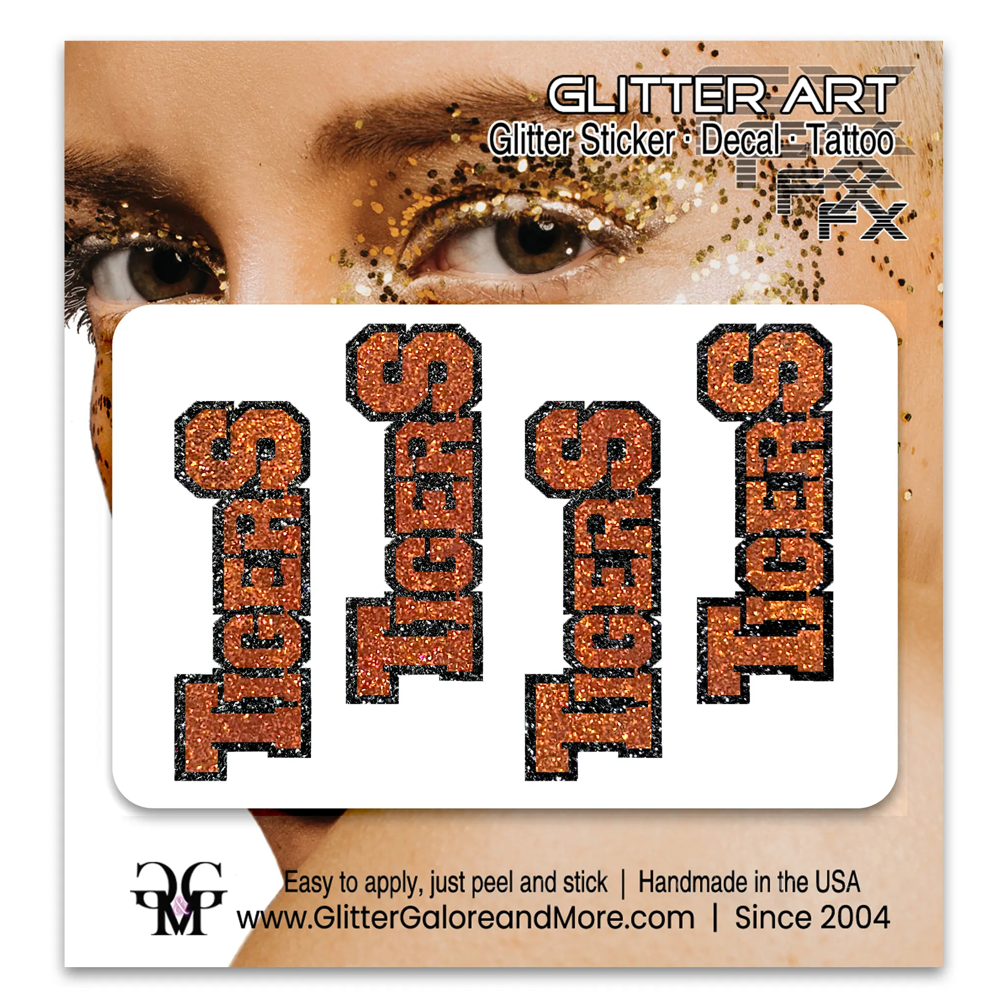 Tigers Glitter Face Stickers, Eye Black Style, Customizable with 34 Glitter Colors