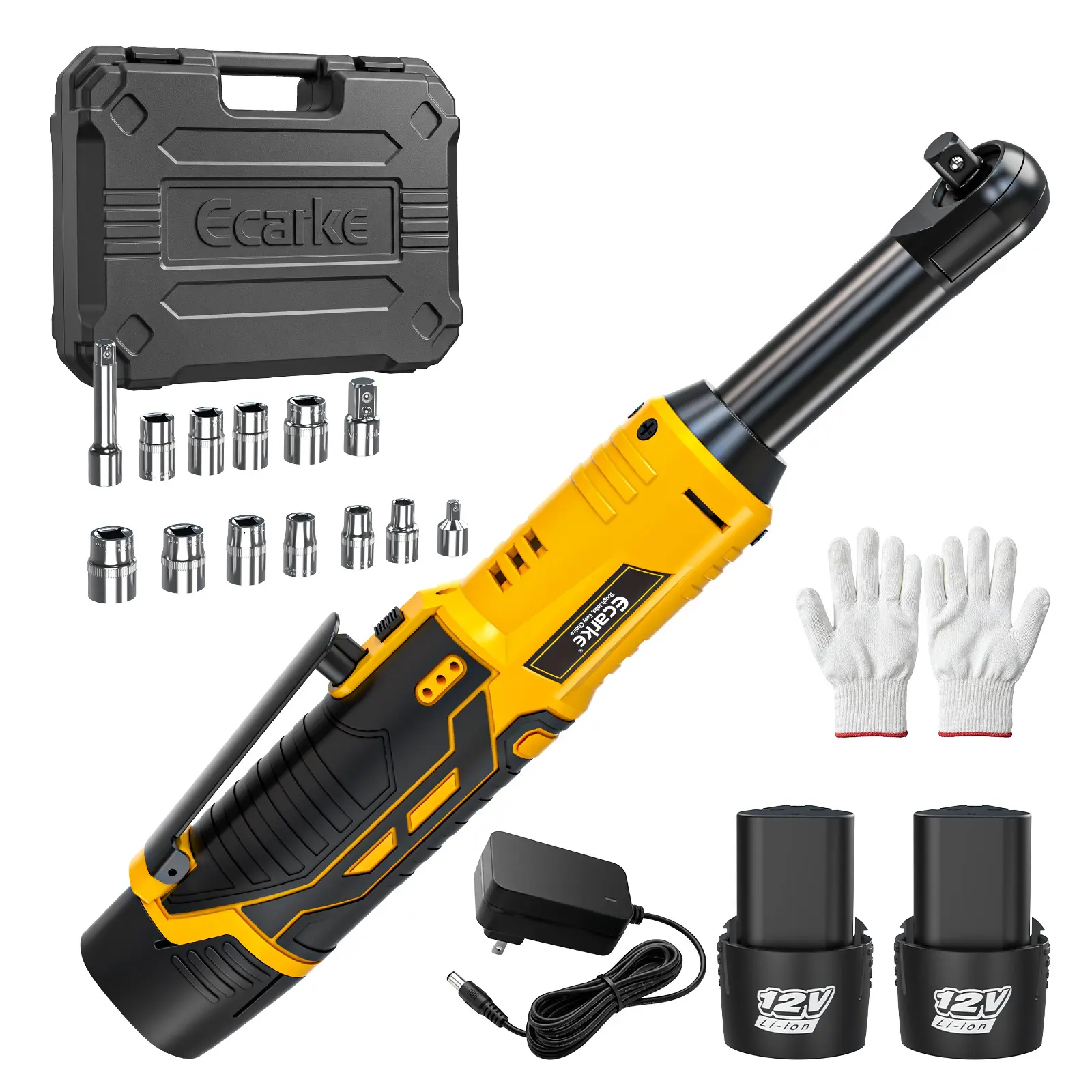 Cordless Electric Ratchet Wrench Set, 60FT-LBS(80N.m) Torque with Variable Speed, 10 Sockets, LED Light, 1/4"-Adapter, 1/2"-Adapter, 2 Batteries, Extended Power Tool for Hardware Repairs