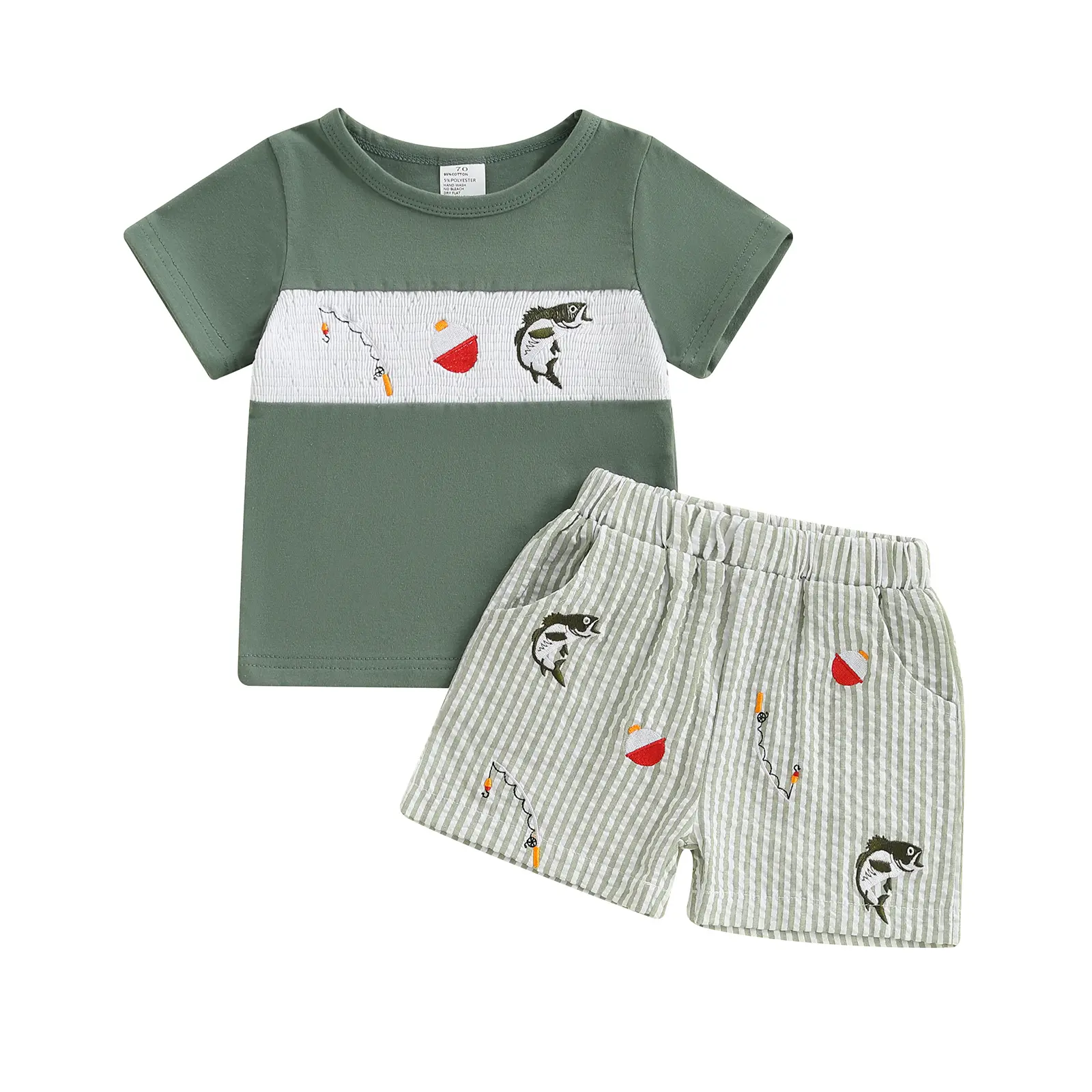 Toddler Baby Boy Fishing Outfit Fish Embroidery Short Sleeve Round Neck T-Shirt + Striped Elastic Waist Shorts 2Pcs Set Summer Clothes