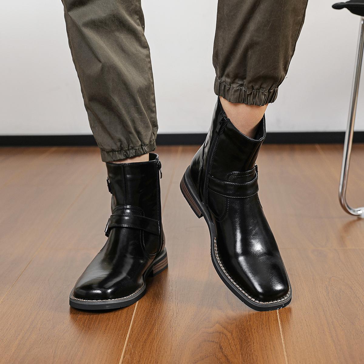 CYUW Men’s Retro Buckle Ankle Boots, Side Zipper Chelsea Boots, Everyday Casual Low-Heeled Dress Boots (Black/Brown)