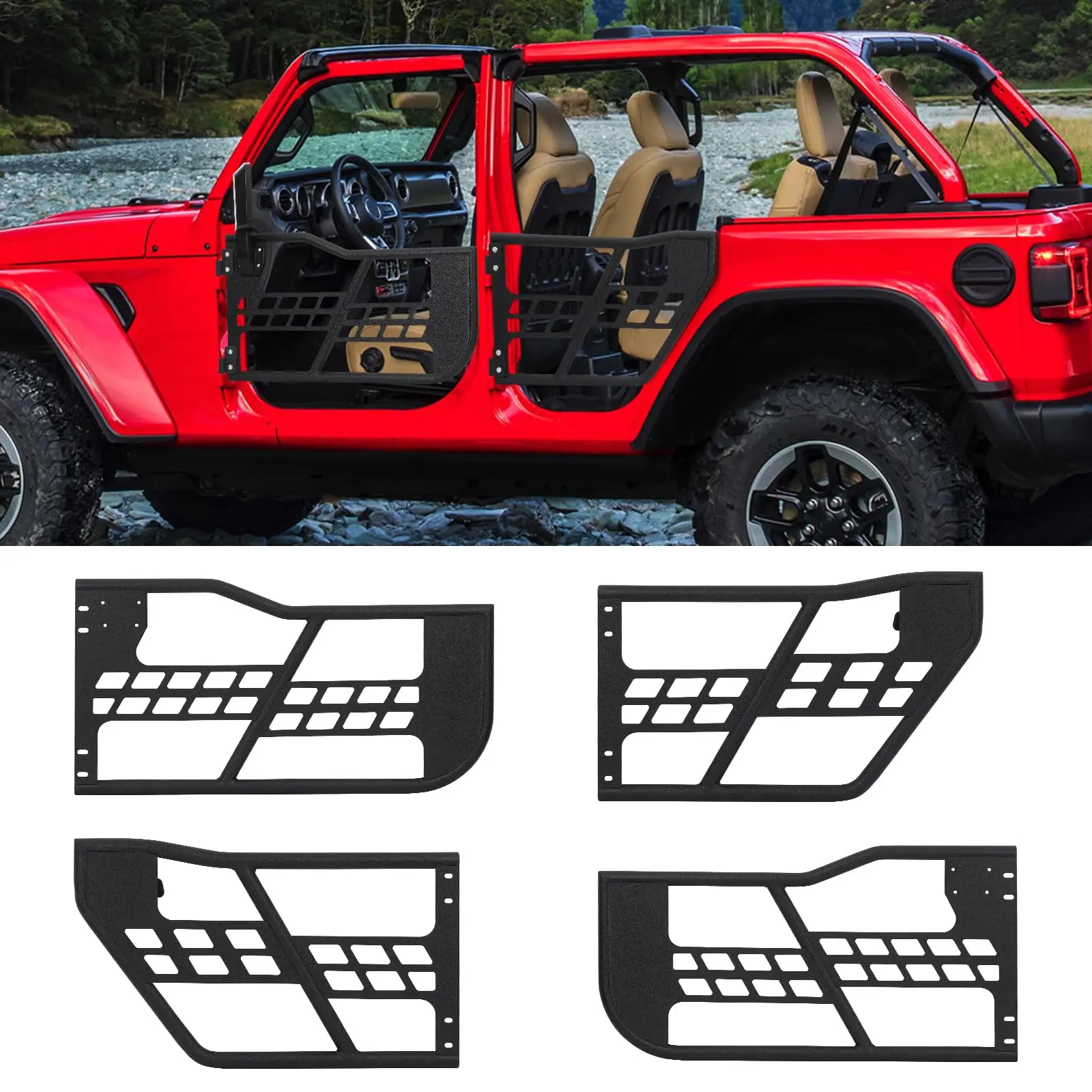 GARVEE Explore the GARVEE Safari Tubular Doors designed for 2018-2023 Wrangler JL 4-Door, featuring a robust set of 4 fat tube half doors ideal for off-road adventures and enhancing your vehicle's versatility.