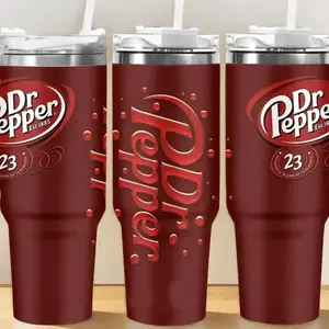 Dr Pepper 40oz Tumbler With Handle & Straw, Insulated Stainless Steel Travel Mug, Red Aesthetic Soda Cup, Large Reusable Drinkware, Coffee & Water Hydration Cup, Gift For Dr Pepper Lovers, Trendy TikTok Tumbler