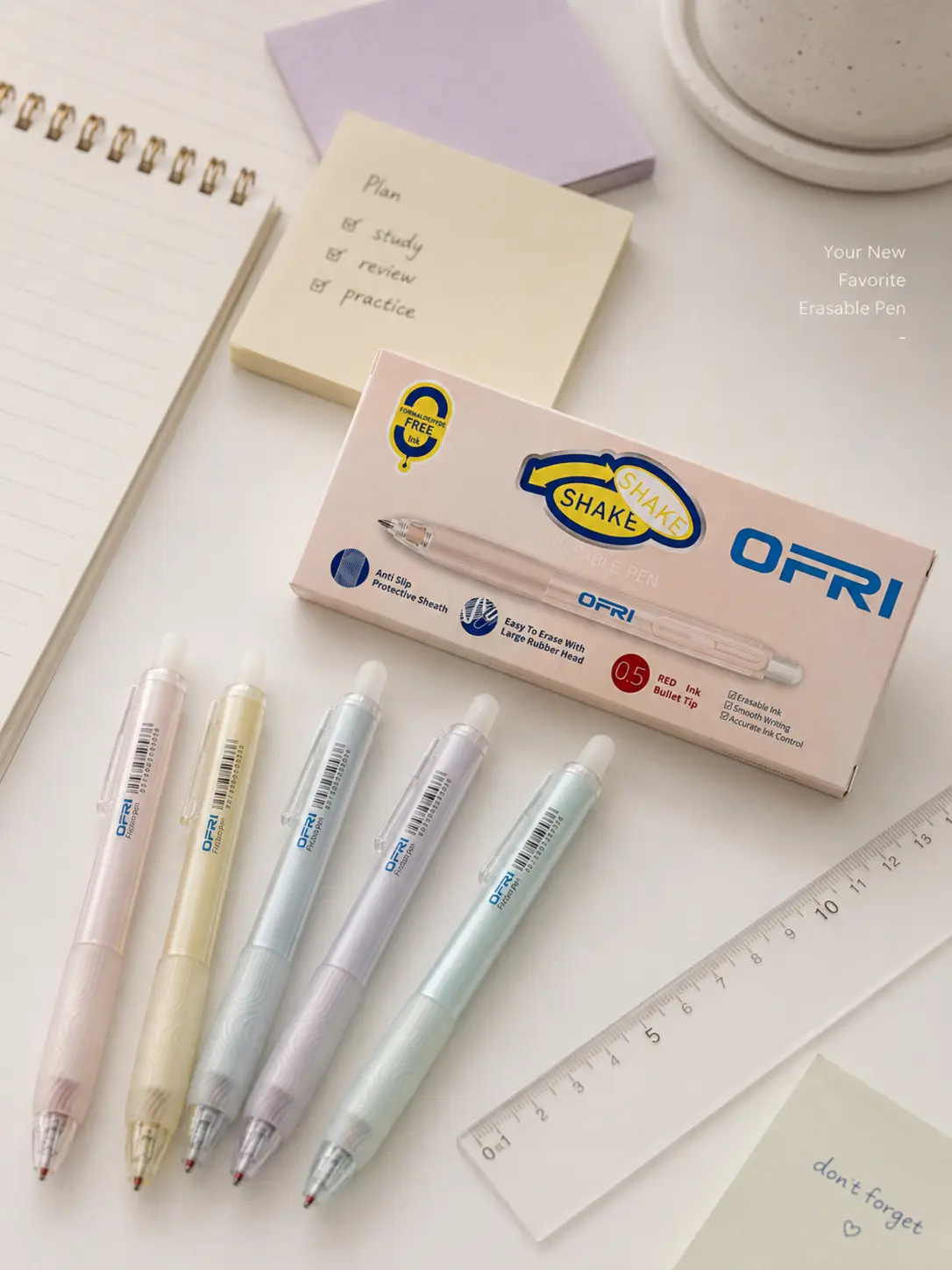 OFRI Erasable Gel Pens 5-Pack | 0.5mm Smooth Writing | Formaldehyde-Free Ink | Large Eraser Head | Anti-Slip Grip | Black / Blue / Red Ink for Students summerwins