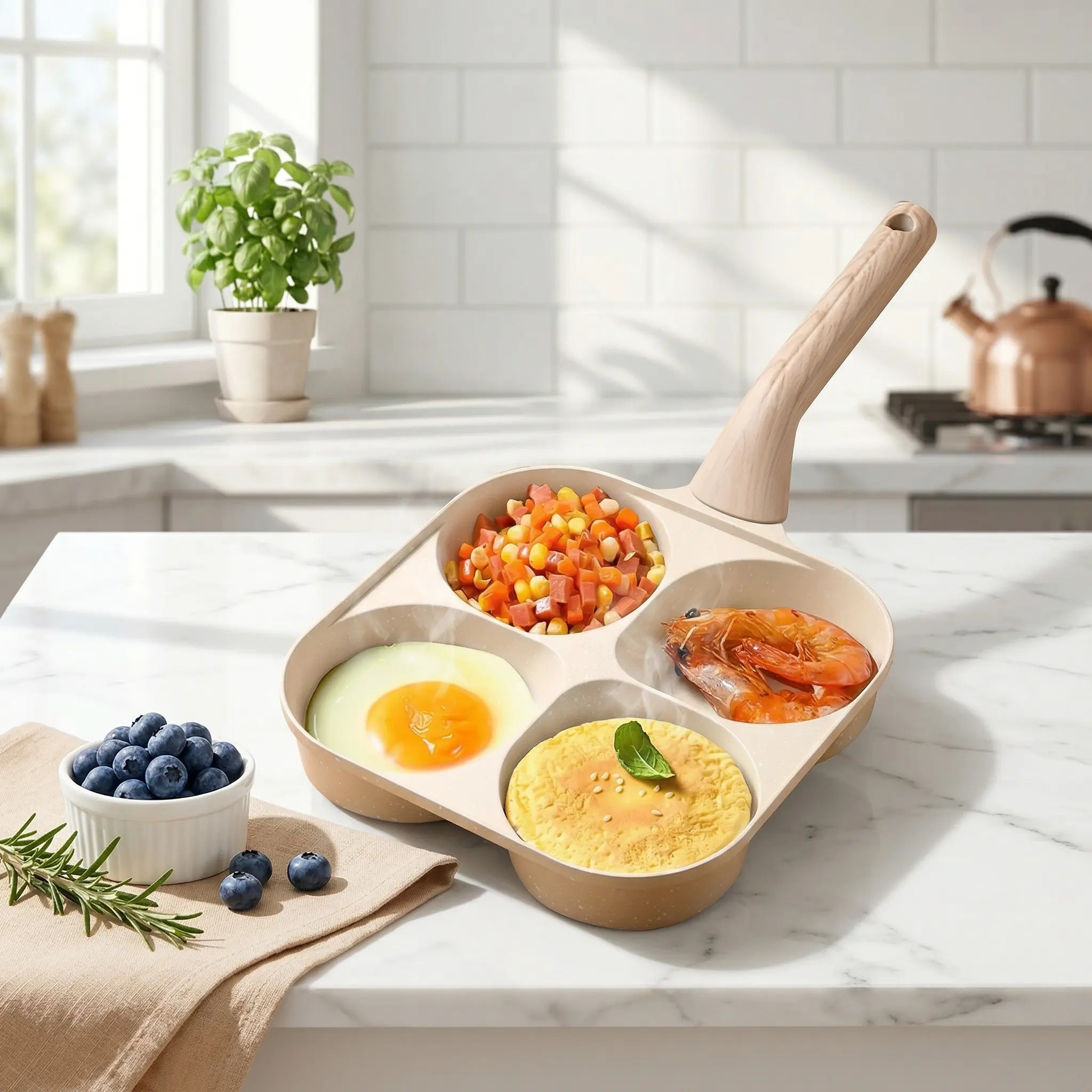 4-Cavity Aluminium Omelette Pan with Handle - Granite Coat Nonstick 4-in-1 Breakfast Skillet, Gas and Induction Stove Compatible Cookware for Eggs, Pancakes