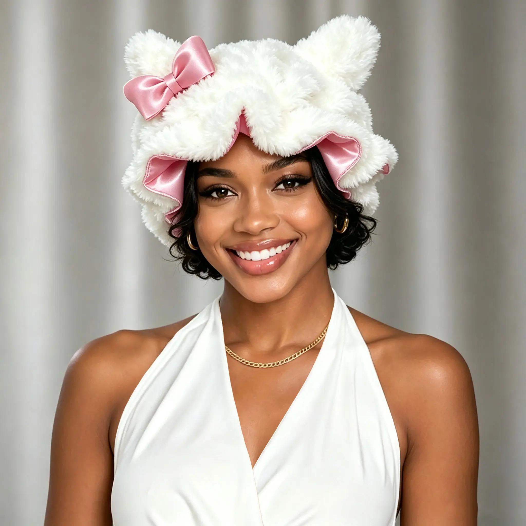 Luxury Double-Layer Teddy Satin Bonnet-kitty bonnet with Satin Bow - Soft Plush Cap with Silky Satin Interior for Hair Protection, Lightweight Cute Headwear for Women & Girls, Perfect for Home Lounging, Sleep & Party Wear, Anti-Frizz Night Cap for Curly
