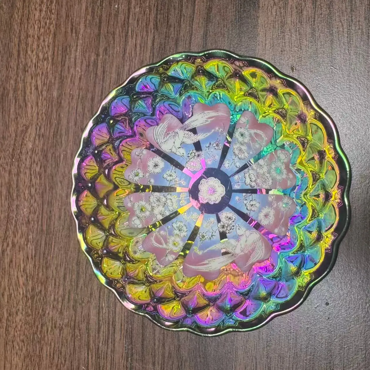Rainbow Hued Floral & Bird Pattern Glass Bowl - Elegant Design for Table or Shelf - Versatile Use & Aesthetic Appeal - Harmonious Blend of Colors & Patterns   listing_quality_tier_title_btw_40_150