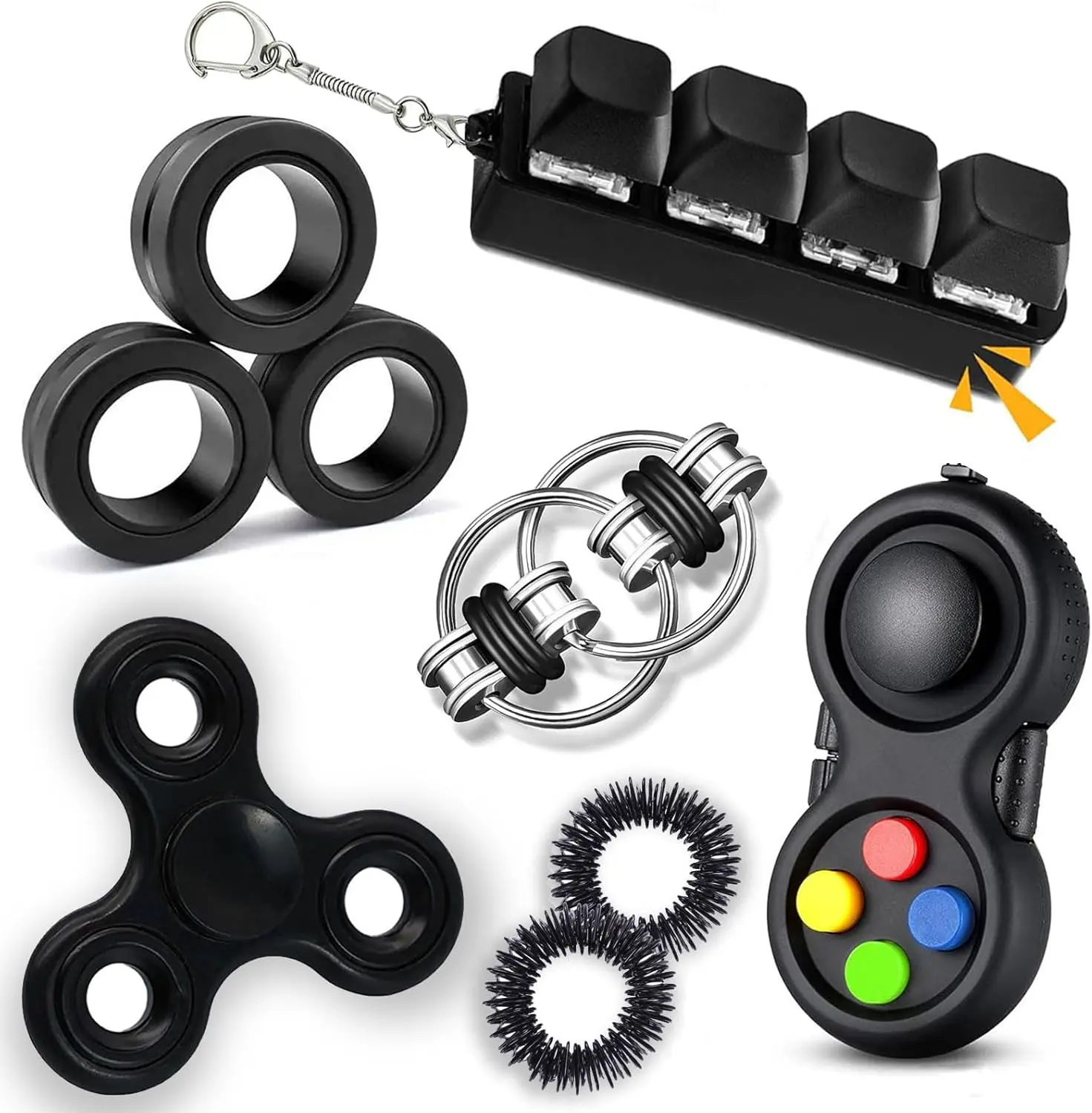 7 PCS Fidget Toys for Adults, Keyboard Fidget Set, Silent Fidget Spinner, Fidget Rings, Stress & Anxiety Relief Toys, Desk Fidget Pack, Sensory Toys, Stocking Stuffers