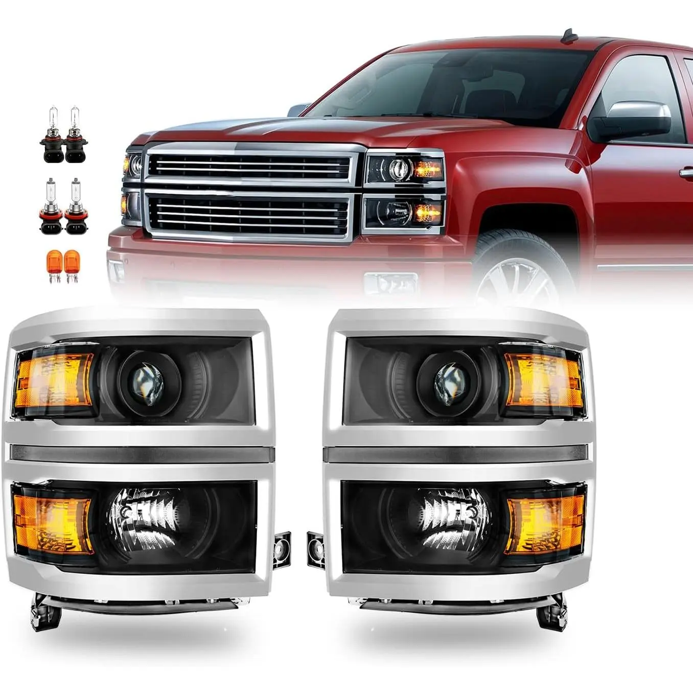 Halogen Porjector Headlights Assembly for 2014 2015 Chevy Silverado 1500 Pickup Truck, OE Style Pair Set Front Headlamps with High/Low Beam Bulbs, Chrome Trim+Black Housing+Amber Reflector