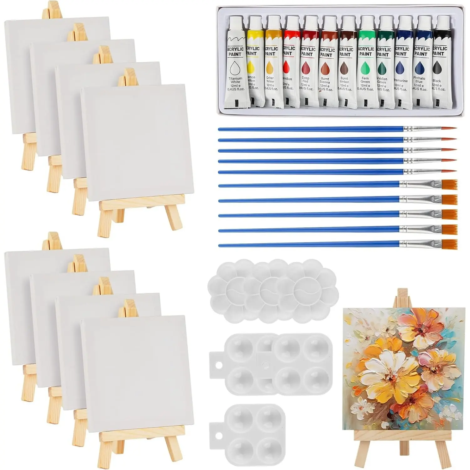 44PCS Colorful Mini Canvas & Easel DIY Material Set, Includes Brushes, Palette, Acrylic Paints for Art, Sohochic Fashion Accessory Set